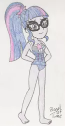 Size: 728x1400 | Tagged: safe, artist:bageloftime, derpibooru import, sci-twi, twilight sparkle, equestria girls, barefoot, clothes, feet, image, jpeg, solo, swimsuit, traditional art