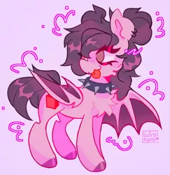 Size: 1990x2048 | Tagged: safe, artist:swirlseypop, derpibooru import, oc, unofficial characters only, bat pony, pony, bat pony oc, bat wings, breasts, choker, commission, female, image, jpeg, mare, no pupils, pink background, simple background, solo, spiked choker, tongue out, wings