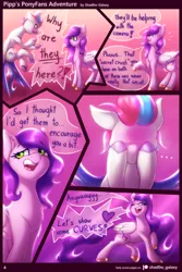 Size: 1280x1920 | Tagged: suggestive, artist:shad0w-galaxy, derpibooru import, pipp petals, zipp storm, pegasus, pony, comic:pipp's ponyfans adventure, bisexual, blushing, blushing profusely, chest fluff, comic, ear fluff, female, flying, g5, gradient background, image, mare, open mouth, png, simple background, speech bubble, text, unshorn fetlocks, wings, yelling