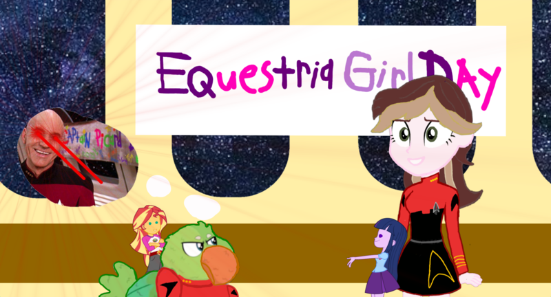 Size: 1998x1080 | Tagged: safe, artist:jrshinkansenhorse, derpibooru import, sunset shimmer, twilight sparkle, oc, oc:captain becky ray shoichet, oc:commander inat'p, equestria girls, captain picard day, crossover, doll, dollified, equestria girls 9th anniversary, eye beams, future, image, inanimate tf, jean-luc picard, png, smiling, space, spaceship, star trek, star trek: sunset shimmer, star trek: the next generation, toy, transformation, uss sunset shimmer