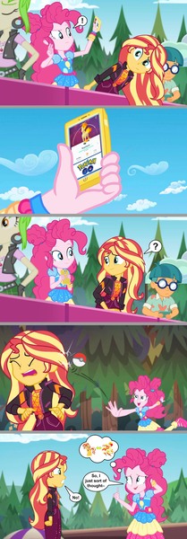 Size: 2203x6319 | Tagged: safe, artist:silverbuller, derpibooru import, edit, edited screencap, screencap, cherry crash, pinkie pie, sunset shimmer, rapidash, equestria girls, equestria girls series, sunset's backstage pass!, spoiler:eqg series (season 2), comic, image, jpeg, pokémon, pokémon go, screencap comic