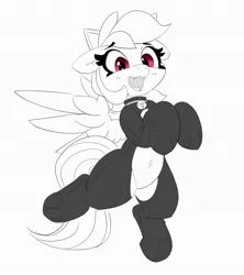 Size: 2724x3074 | Tagged: safe, artist:pabbley, derpibooru import, rainbow dash, pegasus, pony, bell, bell collar, belly button, black and white, collar, cute, cute little fangs, dashabetes, fangs, female, grayscale, image, jpeg, mare, monochrome, neo noir, open mouth, open smile, partial color, simple background, smiling, solo, white background