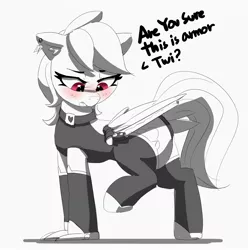Size: 2244x2264 | Tagged: safe, artist:pabbley, derpibooru import, rainbow dash, pegasus, pony, black and white, blushing, embarrassed, female, grayscale, hoofclaw, image, implied twilight sparkle, jpeg, mare, monochrome, neo noir, partial color, simple background, solo, weapon, white background