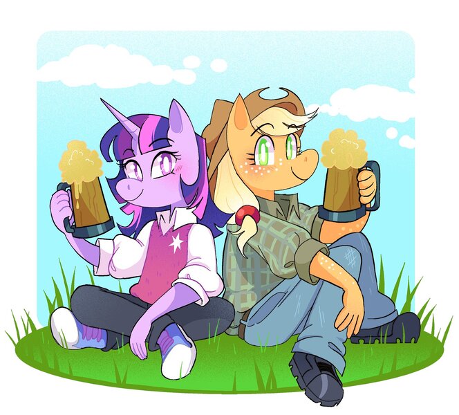 Size: 1500x1356 | Tagged: safe, artist:stevetwisp, derpibooru import, applejack, twilight sparkle, anthro, digitigrade anthro, earth pony, unicorn, cheers, cider, image, jpeg, looking at you, smiling