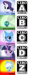 Size: 597x1561 | Tagged: safe, derpibooru import, applejack, rarity, trixie, twilight sparkle, earth pony, parasprite, pony, unicorn, derpibooru, blushing, cero, closed mouth, computer entertainment rating organization, curly hair, flying, game rating, grayscale, horn, image, japanese, jpeg, looking at you, meme, meta, meta:explicit, meta:questionable, meta:safe, meta:semi-grimdark, meta:suggestive, monochrome, moon runes, multicolored hair, open mouth, pink hair, rating, shocked, shocked expression, smiling, spoiler image, spoilered image joke, video game rating, wings