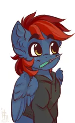 Size: 2200x3600 | Tagged: safe, artist:falafeljake, derpibooru import, oc, unofficial characters only, pegasus, pony, clothes, ear fluff, eyebrows, eyebrows visible through hair, hoodie, image, jpeg, mouth hold, sketch, smiling, solo