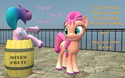 Size: 1718x1080 | Tagged: safe, artist:red4567, derpibooru import, izzy moonbow, sunny starscout, earth pony, pony, unicorn, 3d, atg 2022, barrel, braided ponytail, dialogue, duo, duo female, female, g5, image, mare, newbie artist training grounds, png, silly, silly pony, slurp, source filmmaker, unshorn fetlocks