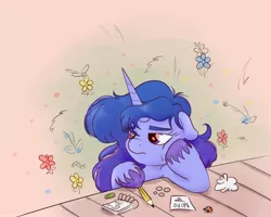 Size: 2000x1600 | Tagged: safe, artist:nedemai, derpibooru import, oc, unofficial characters only, insect, ladybug, pony, unicorn, atg 2022, flower, horn, image, jpeg, newbie artist training grounds, notebook, solo