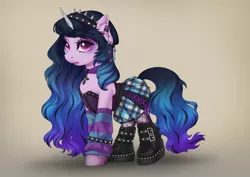 Size: 3508x2480 | Tagged: safe, artist:taytinabelle, derpibooru import, izzy moonbow, pony, unicorn, boots, buckle, chest fluff, choker, clothes, corset, ear fluff, ear piercing, earring, eyeshadow, female, fishnet clothing, fishnets, g5, goth, goth izzy, gradient background, headband, hot topic, image, jewelry, looking at you, makeup, mare, necklace, open mouth, piercing, plaid skirt, platform boots, png, raised hoof, scene, shoes, simple background, skirt, solo, spiked headband, studded bracelet, tan background, wristband