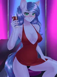 Size: 951x1280 | Tagged: suggestive, artist:winnigrette, derpibooru import, oc, oc:shadow blue, unofficial characters only, anthro, earth pony, alcohol, bedroom eyes, blushing, breasts, clothes, commission, detailed background, digital art, dress, earth pony oc, female, glass, hair, holding, image, jpeg, looking at you, panties, pose, smiling, smiling at you, solo, tail, thighs, underwear, wide hips, wine, wine glass, ych result