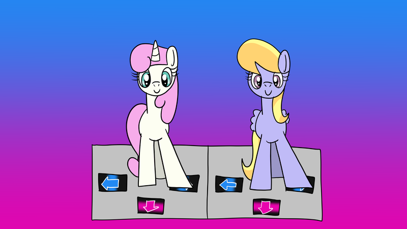 Size: 1920x1080 | Tagged: safe, artist:platinumdrop, derpibooru import, cloud kicker, twinkleshine, pegasus, pony, unicorn, dance dance revolution, dancing, duo, image, png, request