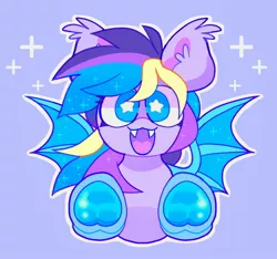Size: 2048x1918 | Tagged: safe, artist:swirlseypop, derpibooru import, oc, unofficial characters only, bat pony, pony, bat pony oc, bat wings, commission, fangs, image, jpeg, looking at you, open mouth, open smile, purple background, simple background, smiling, smiling at you, solo, spread wings, starry eyes, underhoof, wingding eyes, wings, ych result