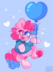 Size: 1512x2048 | Tagged: safe, artist:swirlseypop, derpibooru import, oc, unofficial characters only, earth pony, pony, balloon, blue background, commission, earth pony oc, fangs, heart, image, jpeg, looking at you, one eye closed, open mouth, open smile, simple background, smiling, smiling at you, solo, underhoof, wink, winking at you, your character here