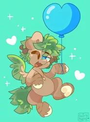 Size: 1512x2048 | Tagged: safe, artist:swirlseypop, derpibooru import, oc, unofficial characters only, pegasus, pony, balloon, commission, green background, heart, image, jewelry, jpeg, looking at you, necklace, one eye closed, open mouth, open smile, pegasus oc, simple background, smiling, smiling at you, solo, underhoof, wings, wink, winking at you, your character here