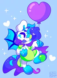 Size: 1518x2048 | Tagged: safe, artist:swirlseypop, derpibooru import, oc, unofficial characters only, bat pony, pony, balloon, bat pony oc, bat wings, blue background, commission, fangs, heart, image, jpeg, looking at you, one eye closed, open mouth, open smile, simple background, smiling, smiling at you, solo, spread wings, underhoof, wings, wink, winking at you, your character here