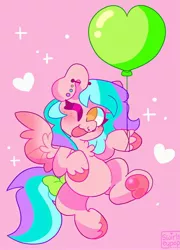 Size: 1478x2048 | Tagged: safe, artist:swirlseypop, derpibooru import, oc, unofficial characters only, pegasus, pony, balloon, commission, ear piercing, heart, image, jpeg, looking at you, nose piercing, one eye closed, open mouth, open smile, pegasus oc, piercing, pink background, simple background, smiling, smiling at you, solo, spread wings, underhoof, wings, wink, winking at you, your character here