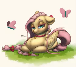 Size: 1200x1067 | Tagged: safe, artist:inkypuso, derpibooru import, fluttershy, butterfly, insect, ladybug, pegasus, pony, alternate hairstyle, braid, collar, cute, folded wings, grass, image, jpeg, lying, ponyloaf, prone, shyabetes, wings