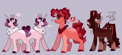 Size: 1280x576 | Tagged: safe, artist:palpine, derpibooru import, oc, oc:chocolate truggle, oc:cinnamon spice, oc:jamboree pie, oc:parfait, unofficial characters only, earth pony, pegasus, pony, unicorn, image, magical threesome spawn, multiple parents, offspring, parent:donut joe, parent:pinkie pie, parent:saffron masala, png, siblings, twins