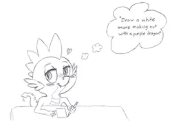 Size: 1385x967 | Tagged: safe, artist:friendshipishorses, derpibooru import, spike, atg 2022, image, monochrome, newbie artist training grounds, png, sketch, solo, thought bubble, traditional art