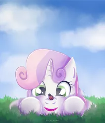 Size: 2650x3108 | Tagged: safe, artist:nnaly, derpibooru import, sweetie belle, insect, ladybug, pony, unicorn, grass, high res, image, insect on nose, jpeg, lying down, prone, solo