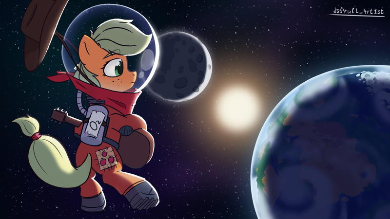 Size: 3840x2160 | Tagged: safe, artist:d3f4ult_4rt1st, derpibooru import, applejack, earth pony, pony, applejack's hat, bandana, cowboy hat, earth, guitar, hat, image, moon, musical instrument, png, solo, space, spacesuit, sun