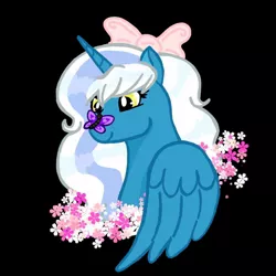 Size: 1000x1000 | Tagged: safe, artist:moonprincesskitty90, derpibooru import, oc, oc:fleurbelle, alicorn, butterfly, insect, pony, alicorn oc, black background, bow, butterfly on nose, female, flower, hair bow, horn, image, insect on nose, jpeg, mare, simple background, wings, yellow eyes