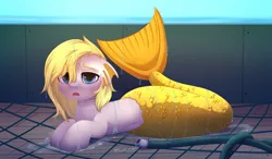 Size: 7000x4080 | Tagged: safe, alternate version, artist:dinoalpaka, banned from derpibooru, deleted from derpibooru, derpibooru import, edit, oc, oc:salmonia, unofficial characters only, merpony, belly button, explicit source, female, fins, fishing boat, fishing net, gasping, gills, hose, image, jpeg, solo, tail, tail fin, wet, wet mane