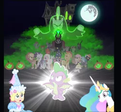 Size: 1315x1218 | Tagged: safe, artist:boogeyboy1, derpibooru import, applejack, flam, flim, fluttershy, iron will, lord tirek, megan williams, pinkie pie, princess celestia, queen chrysalis, rainbow dash, rarity, spike, sunset shimmer, twilight sparkle, human, season 6, brothers, clothes, costume, flim flam brothers, halloween, halloween costume, haunted house, holiday, image, jpeg, male, mane six, poster, princess, scary, shocked, siblings, spooky, surprised