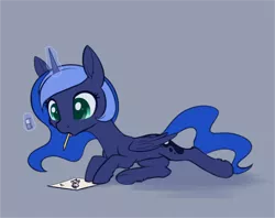 Size: 2248x1779 | Tagged: safe, artist:dusthiel, derpibooru import, princess luna, pony, atg 2022, cute, drawing, eraser, image, lunabetes, lying down, magic, mouth hold, newbie artist training grounds, pencil, png, prone, solo