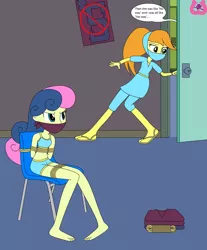 Size: 2230x2690 | Tagged: safe, artist:author92, derpibooru import, bon bon, sweetie drops, oc, oc:joule, human, equestria girls, angry, bikini, bon bon is not amused, bondage, bound and gagged, chair, cloth gag, clothes, gag, glare, image, ninja, png, rope, rope bondage, ropes, sneaking, speech bubble, swimsuit, tied to chair, tied up, unamused
