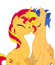 Size: 460x542 | Tagged: safe, artist:decokenite, artist:xxxshamankingfanxxx, derpibooru import, flash sentry, sunset shimmer, pegasus, pony, unicorn, base used, eyes closed, female, flashimmer, image, male, mare, nuzzles, nuzzling, png, requested art, shipping, stallion, straight