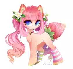 Size: 2210x2082 | Tagged: safe, artist:xsatanielx, derpibooru import, oc, oc:strawberry kiss, unofficial characters only, pony, blue eyes, clothes, female, flower, flower in hair, food, image, mare, png, simple background, socks, solo, stockings, strawberry, thigh highs, white background