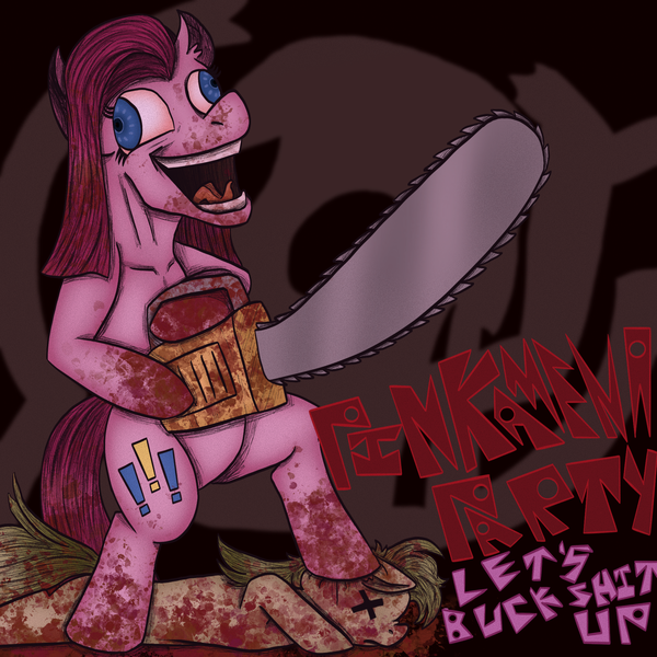 Size: 2048x2048 | Tagged: grimdark, artist:theedgyduck, derpibooru import, pinkie pie, pony, album, album cover, alternate cutie mark, blood, blue eyes, chainsaw, female, grainy, image, let's buck shit up, mare, open mouth, pinkamena diane pie, pinkamena party, png, redraw, standing, standing on two hooves, standing up, vulgar, x eyes