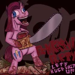 Size: 2048x2048 | Tagged: grimdark, artist:theedgyduck, derpibooru import, pinkie pie, pony, album, album cover, alternate cutie mark, blood, blue eyes, chainsaw, female, grainy, image, let's buck shit up, mare, open mouth, pinkamena diane pie, pinkamena party, png, redraw, standing, standing on two hooves, standing up, vulgar, x eyes