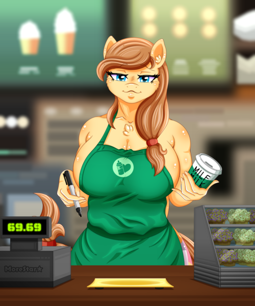 Size: 1833x2200 | Tagged: suggestive, artist:morestar, derpibooru import, oc, oc:cream heart, unofficial characters only, anthro, earth pony, 69 position, apron, breasts, busty cream heart, cash register, chest fluff, clothes, female, food, iced latte with breast milk, image, implied button mash, meme, muffin, naked apron, offscreen character, oral, partial nudity, png, sex, solo, solo female
