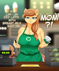Size: 1833x2200 | Tagged: suggestive, artist:morestar, derpibooru import, oc, oc:cream heart, unofficial characters only, anthro, earth pony, 69 position, apron, breasts, busty cream heart, cash register, chest fluff, clothes, female, food, iced latte with breast milk, image, implied button mash, implied buttoncest, meme, muffin, naked apron, offscreen character, oral, partial nudity, png, sex, solo, solo female