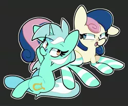 Size: 3000x2500 | Tagged: safe, artist:kindakismet, derpibooru import, bon bon, lyra heartstrings, sweetie drops, earth pony, pony, unicorn, black background, clothes, duo, duo female, female, horn, image, jpeg, mare, outline, simple background, socks, striped socks