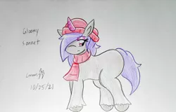 Size: 1116x716 | Tagged: safe, artist:gmangamer25, derpibooru import, onyx, pony, unicorn, my little pony: a new generation, background pony, beret, clothes, cute, female, g5, hair over one eye, hat, horn, image, jpeg, mare, one eye covered, scarf