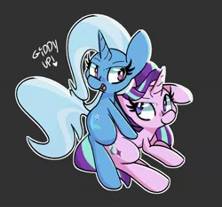 Size: 2500x2344 | Tagged: safe, artist:kindakismet, derpibooru import, starlight glimmer, trixie, pony, unicorn, black background, duo, duo female, exclamation point, female, giddy up, heart, horn, image, jpeg, looking at someone, looking up, mare, open mouth, outline, simple background