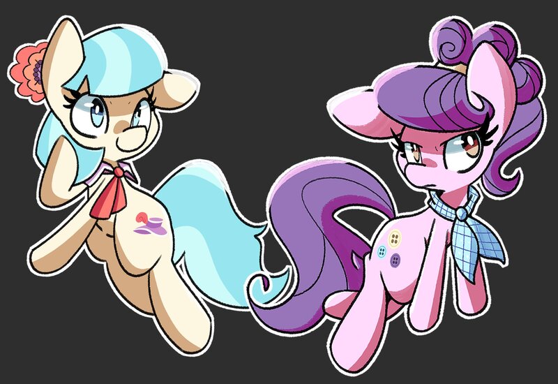 Size: 2500x1719 | Tagged: safe, artist:kindakismet, derpibooru import, coco pommel, suri polomare, earth pony, pony, black background, duo, duo female, female, image, jpeg, mare, outline, simple background