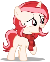 Size: 2670x3270 | Tagged: safe, artist:strategypony, derpibooru import, oc, oc:red palette, unofficial characters only, pony, unicorn, clothes, female, filly, foal, high res, hooves, horn, image, open mouth, open smile, png, raised hoof, scarf, shadow, show accurate, simple background, smiling, solo, standing, tail, transparent background, two toned mane, two toned tail, unicorn oc