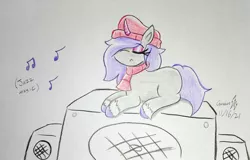 Size: 1117x715 | Tagged: safe, artist:gmangamer25, derpibooru import, onyx, pony, unicorn, my little pony: a new generation, beret, eyes closed, female, g5, hair over one eye, hat, horn, image, jazz, jpeg, listening to music, mare, music, relaxing, scraf
