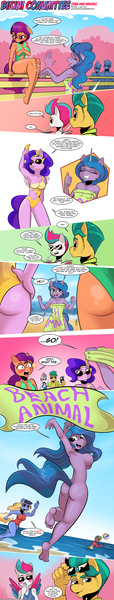 Size: 1800x9462 | Tagged: questionable, alternate version, artist:saturdaymorningproj, derpibooru import, hitch trailblazer, izzy moonbow, pipp petals, sunny starscout, zipp storm, anthro, earth pony, pegasus, plantigrade anthro, unicorn, ass, barefoot, beach, beach ball, beach towel, belly button, blushing, breasts, busty izzy moonbow, busty pipp petals, busty sunny starscout, busty zipp storm, butt, casual nudity, clothes, comic, dialogue, exhibitionism, feet, female, g5, image, iphone, izzy moonbutt, male, mane five (g5), mobile phone, nipples, nudity, one-piece swimsuit, partial nudity, phone, pipp butt, plot, png, sideboob, smartphone, spit take, spread wings, sunglasses, sunny starbutt, swimsuit, towel, wingboner, wings