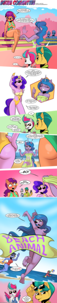 Size: 1800x9462 | Tagged: suggestive, artist:saturdaymorningproj, derpibooru import, hitch trailblazer, izzy moonbow, pipp petals, sunny starscout, zipp storm, anthro, pegasus, plantigrade anthro, unicorn, beach, belly button, blushing, breasts, clothes, comic, g5, image, implied exhibitionism, implied nudity, mane five (g5), nudity, one-piece swimsuit, partial nudity, png, sunglasses, swimsuit