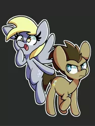 Size: 2500x3333 | Tagged: safe, artist:kindakismet, derpibooru import, derpy hooves, doctor whooves, time turner, earth pony, pegasus, pony, black background, duo, duo male and female, female, flying, image, jpeg, male, mare, open mouth, outline, raised hoof, simple background, spread wings, stallion, wings