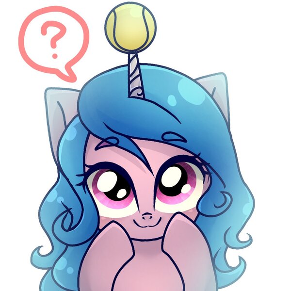 Size: 968x968 | Tagged: safe, artist:namaenonaipony, derpibooru import, izzy moonbow, pony, unicorn, g5, ball, cute, daaaaaaaaaaaw, eye clipping through hair, eyebrows, eyebrows visible through hair, female, horn, image, izzy's tennis ball, izzybetes, jpeg, looking at you, mare, question mark, simple background, smiling, smiling at you, solo, speech bubble, tennis ball, weapons-grade cute, white background