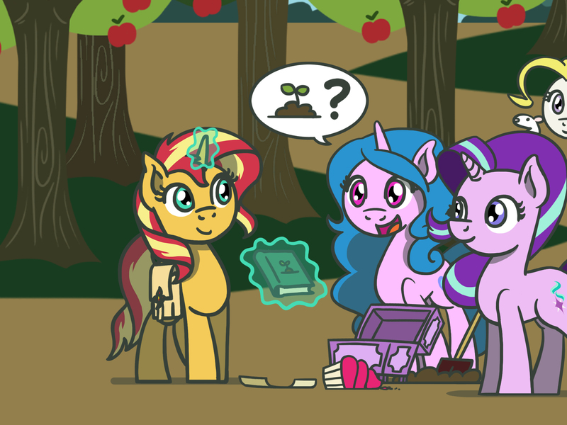 Size: 1800x1350 | Tagged: safe, artist:flutterluv, derpibooru import, part of a set, izzy moonbow, starlight glimmer, sunset shimmer, surprise, mouse, pegasus, pony, unicorn, apple, apple tree, atg 2022, bag, book, cupcake, dialogue, female, food, g1, g4, g5, g5 to g4, generation leap, glow, glowing horn, horn, image, jpeg, magic, mare, newbie artist training grounds, part of a series, pictogram, plant, question mark, saddle bag, shovel, speech bubble, telekinesis, treasure chest, tree