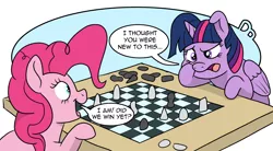 Size: 2594x1437 | Tagged: safe, artist:doodledonutart, derpibooru import, pinkie pie, twilight sparkle, twilight sparkle (alicorn), alicorn, earth pony, pony, atg 2022, chess, comic, dialogue, duo, female, horn, image, mare, newbie artist training grounds, open mouth, open smile, png, smiling