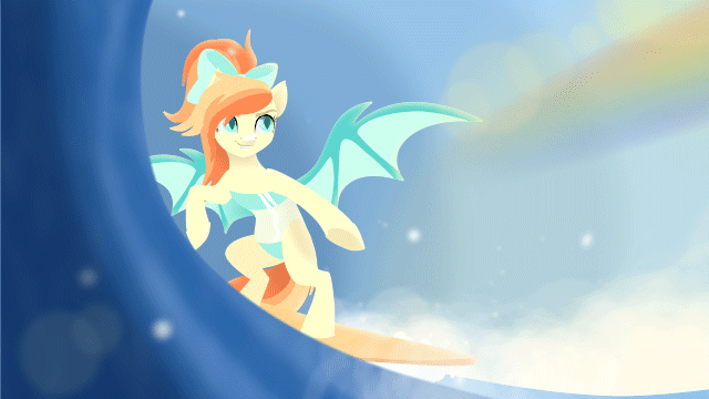 Size: 640x360 | Tagged: safe, artist:rumista, derpibooru import, oc, oc:sunshine drift, unofficial characters only, bat pony, pony, animated, bat pony oc, bat wings, beach, bipedal, blinking, bow, clothes, commission, female, fun in the sun, gif, grin, gris swimsuit, hair bow, image, mare, one-piece swimsuit, rainbow, see-through, smiling, solo, spread wings, summer, surfboard, surfing, swimsuit, water, wave, wings, ych result