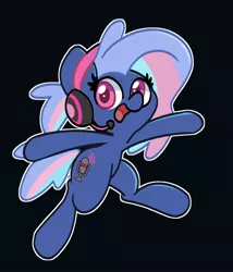 Size: 2500x2917 | Tagged: safe, artist:kindakismet, derpibooru import, oc, oc:bit rate, unofficial characters only, earth pony, pony, black background, female, headphones, headset, headset mic, image, jpeg, looking at you, mare, open mouth, open smile, outline, simple background, smiling, smiling at you, solo